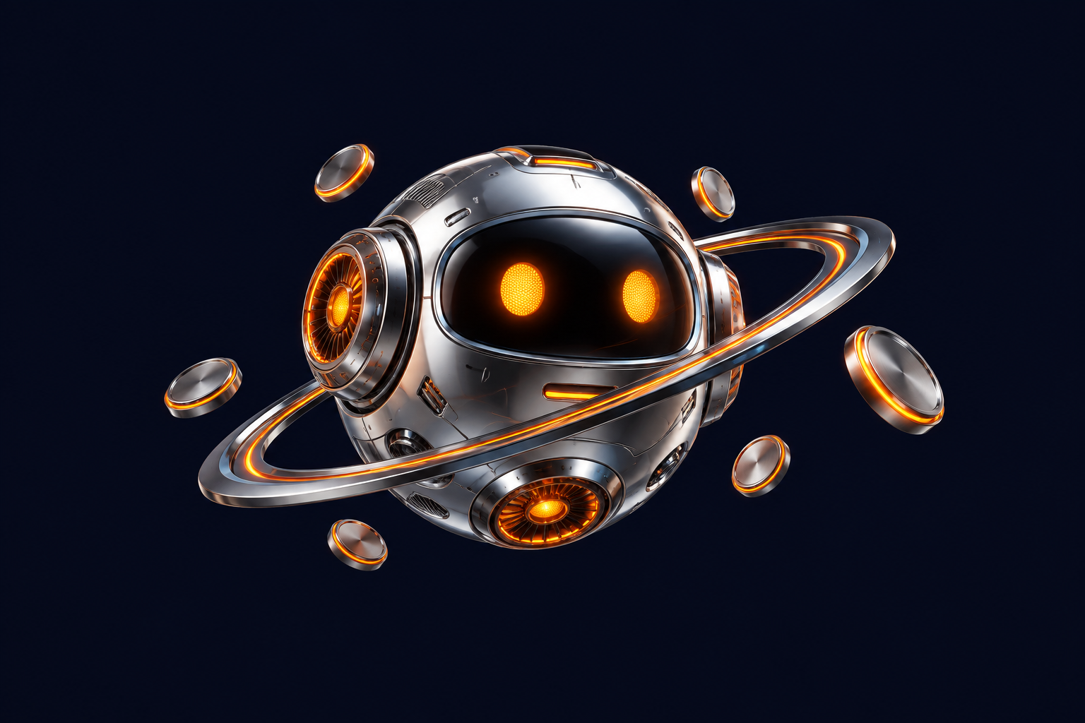 A playful silver trading engine with orange eyes, surrounded by orbiting coins
